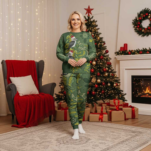 Aussie Kokaburra Golden Wattle Christmas Pajama Set Aboriginal Dots Painting Green Motif - Aussie Hoodie