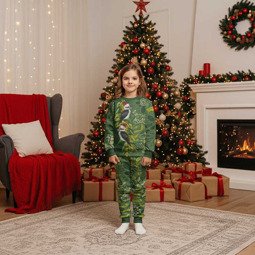 Aussie Kokaburra Golden Wattle Christmas Pajama Set Aboriginal Dots Painting Green Motif - Aussie Hoodie