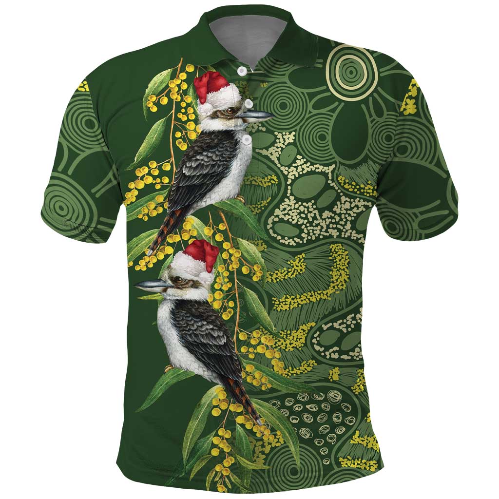 Aussie Kokaburra Golden Wattle Christmas Polo Shirt Aboriginal Dots Painting Green Motif - Aussie Hoodie