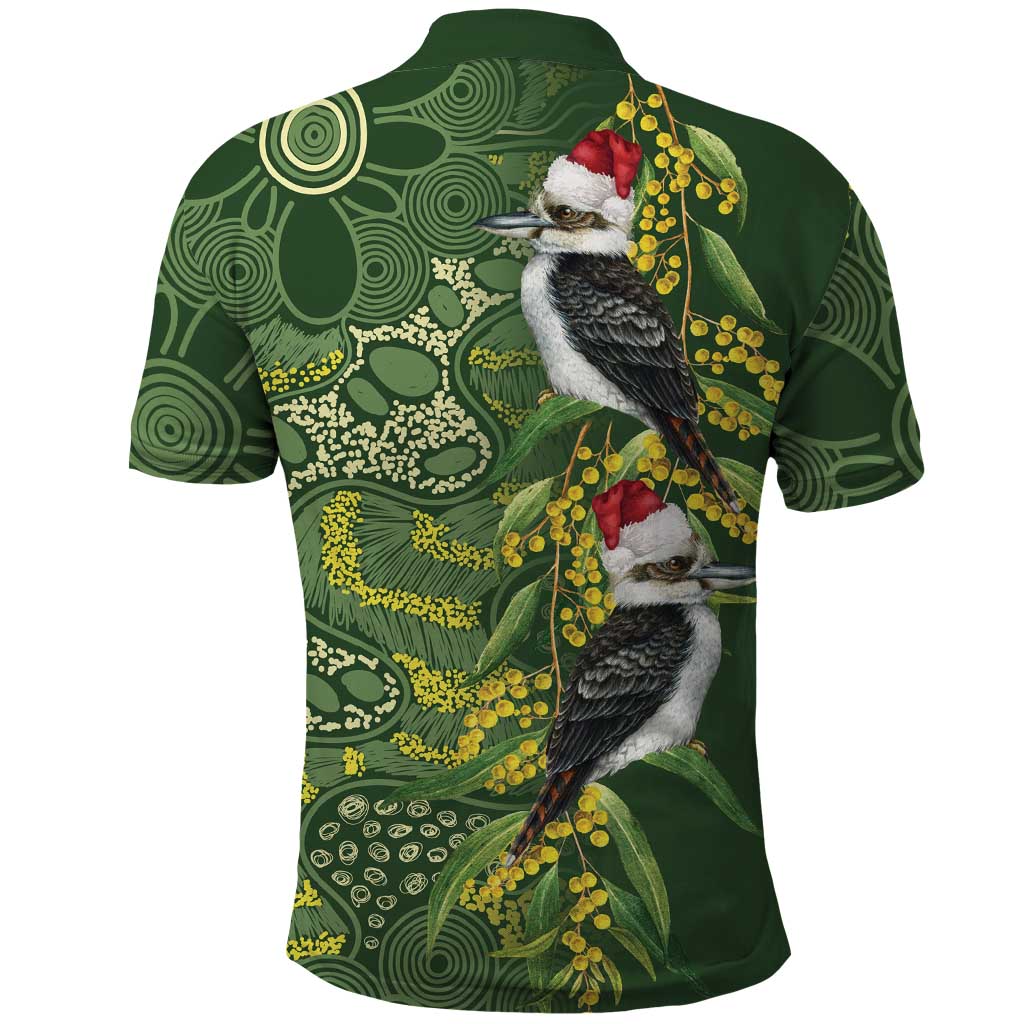 Aussie Kokaburra Golden Wattle Christmas Polo Shirt Aboriginal Dots Painting Green Motif - Aussie Hoodie
