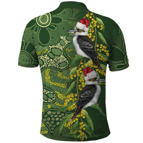 Aussie Kokaburra Golden Wattle Christmas Polo Shirt Aboriginal Dots Painting Green Motif - Aussie Hoodie