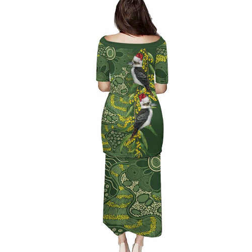 Aussie Kokaburra Golden Wattle Christmas Puletasi Aboriginal Dots Painting Green Motif - Aussie Hoodie
