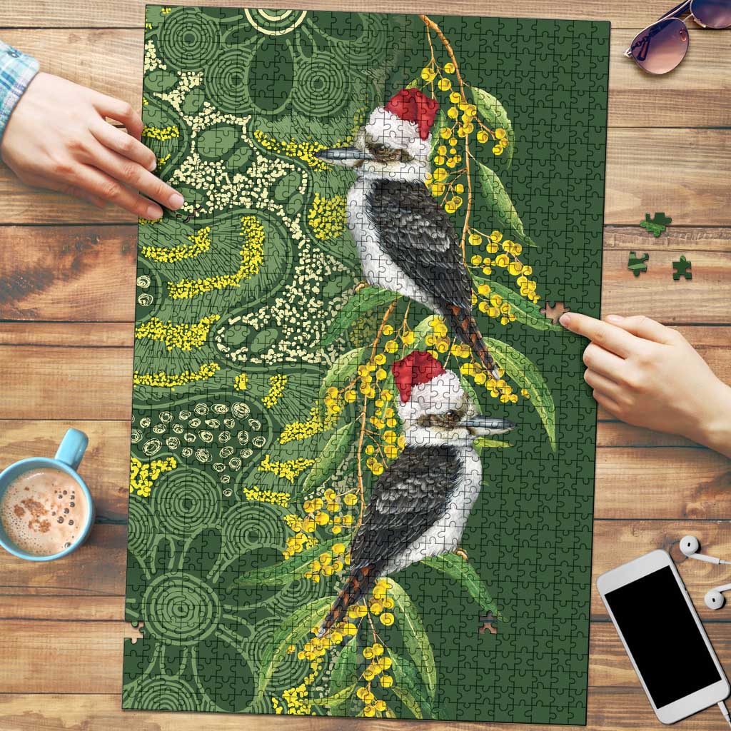Aussie Kokaburra Golden Wattle Christmas Puzzle Aboriginal Dots Painting Green Motif - Aussie Hoodie