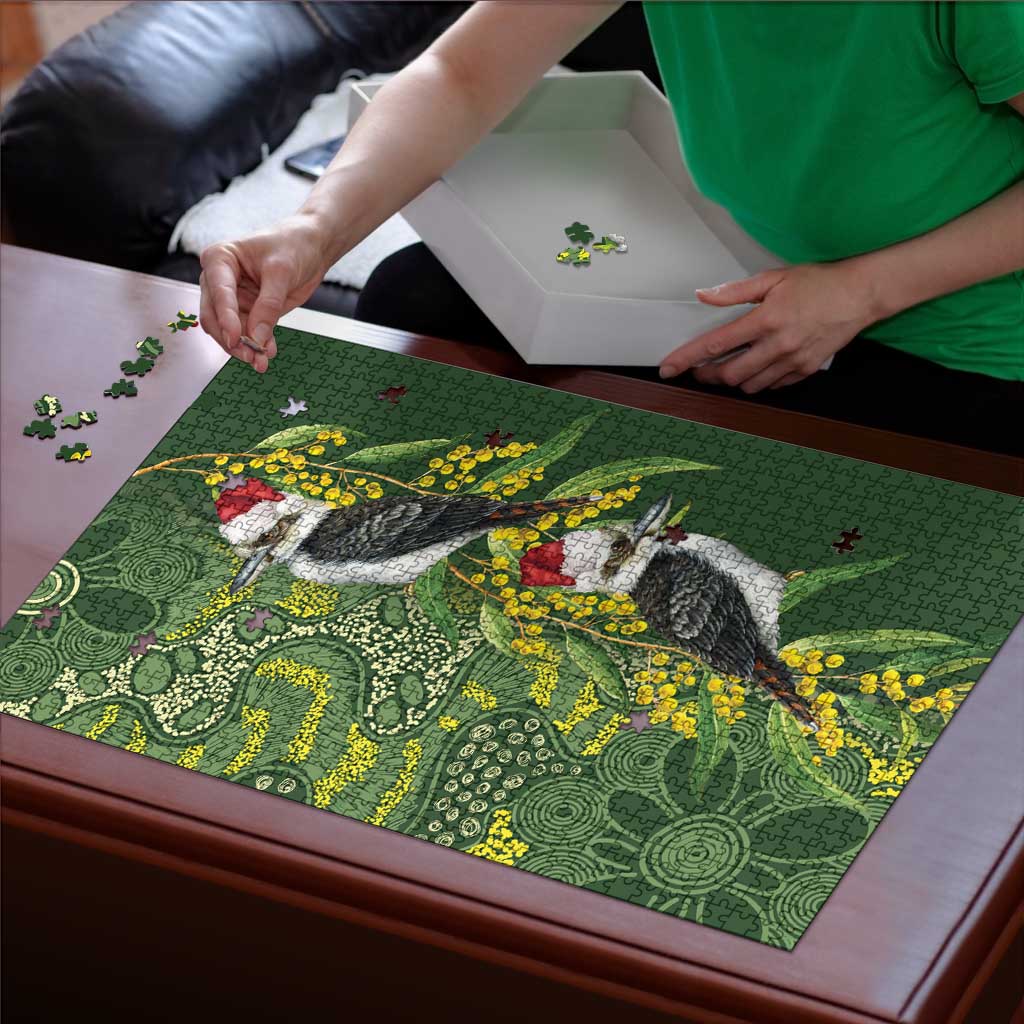 Aussie Kokaburra Golden Wattle Christmas Puzzle Aboriginal Dots Painting Green Motif - Aussie Hoodie