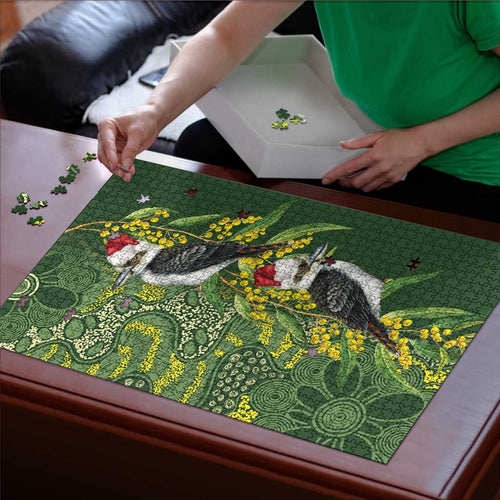 Aussie Kokaburra Golden Wattle Christmas Puzzle Aboriginal Dots Painting Green Motif - Aussie Hoodie