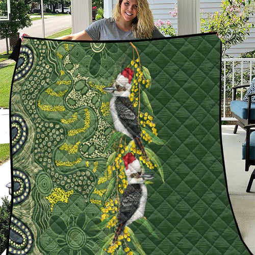 Aussie Kokaburra Golden Wattle Christmas Quilt Aboriginal Dots Painting Green Motif - Aussie Hoodie