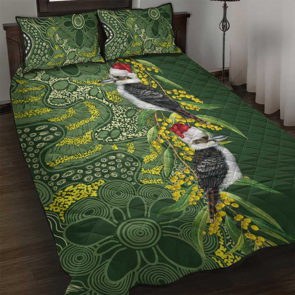 Aussie Kokaburra Golden Wattle Christmas Quilt Bed Set Aboriginal Dots Painting Green Motif - Aussie Hoodie