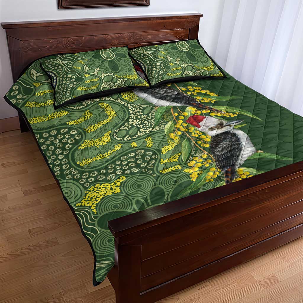 Aussie Kokaburra Golden Wattle Christmas Quilt Bed Set Aboriginal Dots Painting Green Motif - Aussie Hoodie