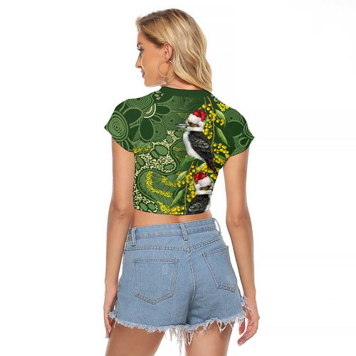 Aussie Kokaburra Golden Wattle Christmas Raglan Cropped T Shirt Aboriginal Dots Painting Green Motif - Aussie Hoodie
