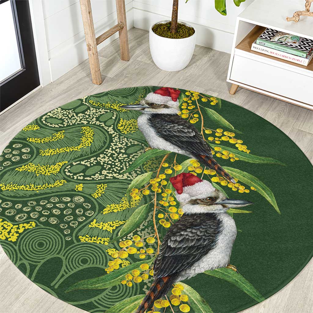 Aussie Kokaburra Golden Wattle Christmas Round Carpet Aboriginal Dots Painting Green Motif - Aussie Hoodie