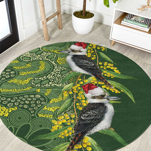 Aussie Kokaburra Golden Wattle Christmas Round Carpet Aboriginal Dots Painting Green Motif - Aussie Hoodie