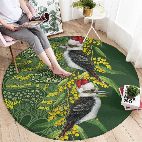 Aussie Kokaburra Golden Wattle Christmas Round Carpet Aboriginal Dots Painting Green Motif - Aussie Hoodie