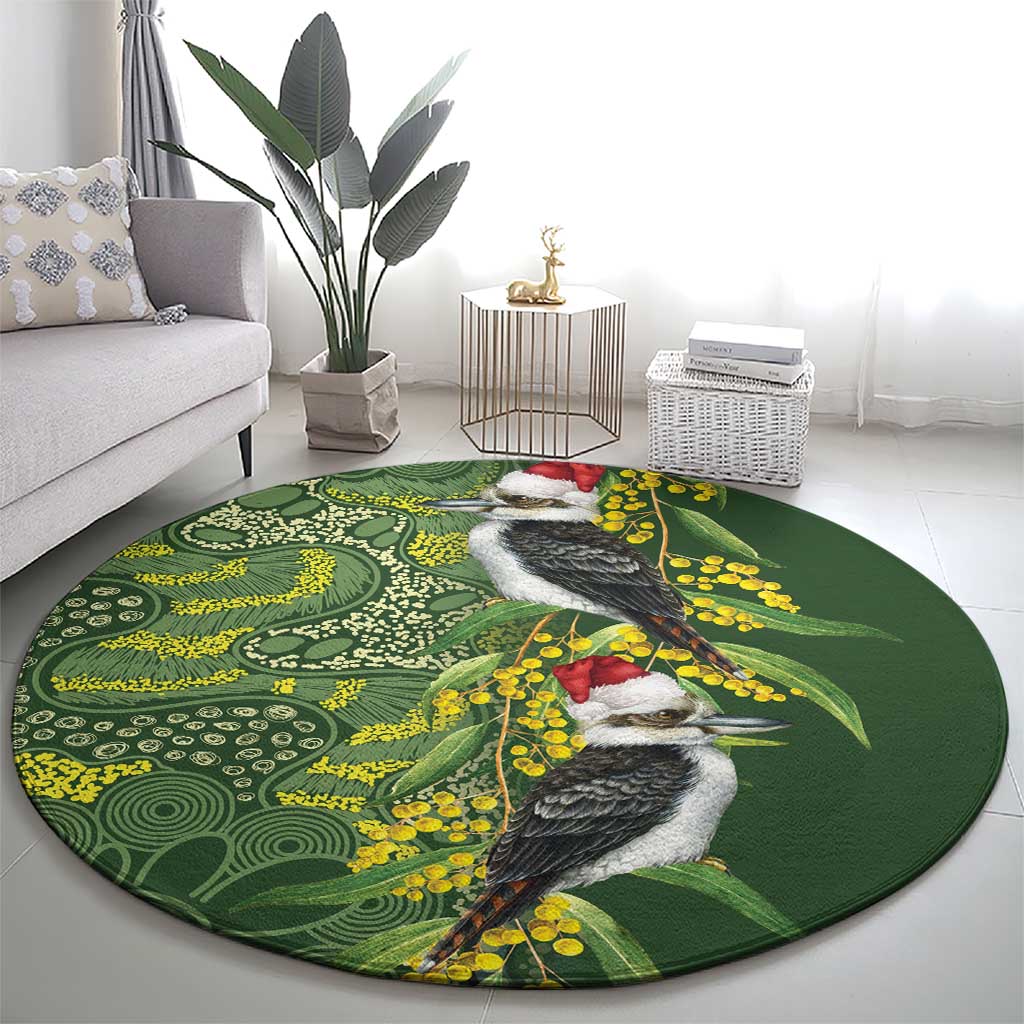 Aussie Kokaburra Golden Wattle Christmas Round Carpet Aboriginal Dots Painting Green Motif - Aussie Hoodie