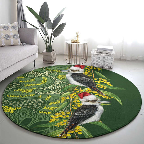 Aussie Kokaburra Golden Wattle Christmas Round Carpet Aboriginal Dots Painting Green Motif - Aussie Hoodie
