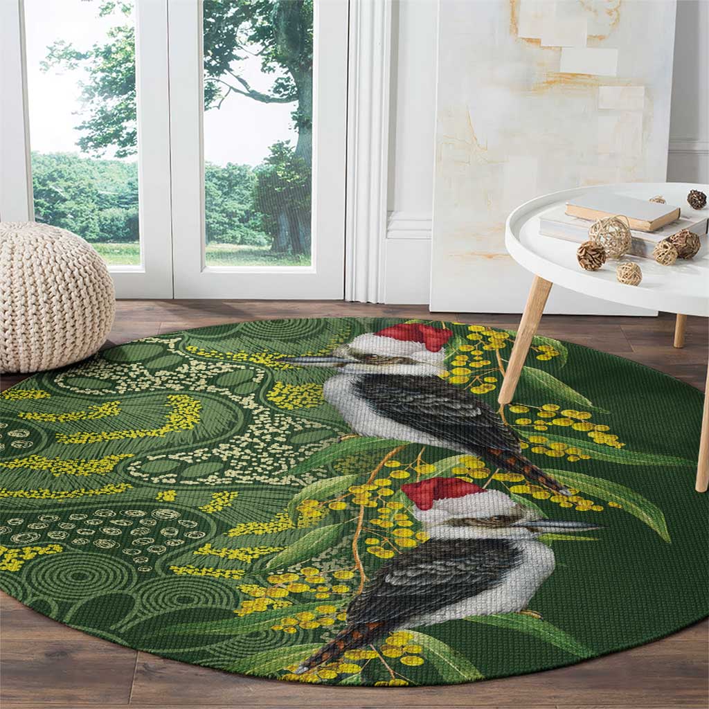 Aussie Kokaburra Golden Wattle Christmas Round Carpet Aboriginal Dots Painting Green Motif - Aussie Hoodie