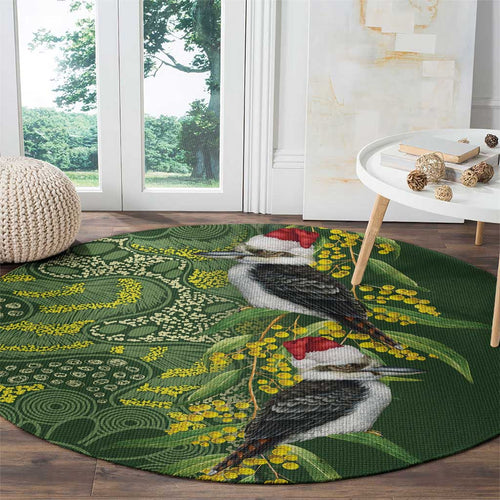 Aussie Kokaburra Golden Wattle Christmas Round Carpet Aboriginal Dots Painting Green Motif - Aussie Hoodie