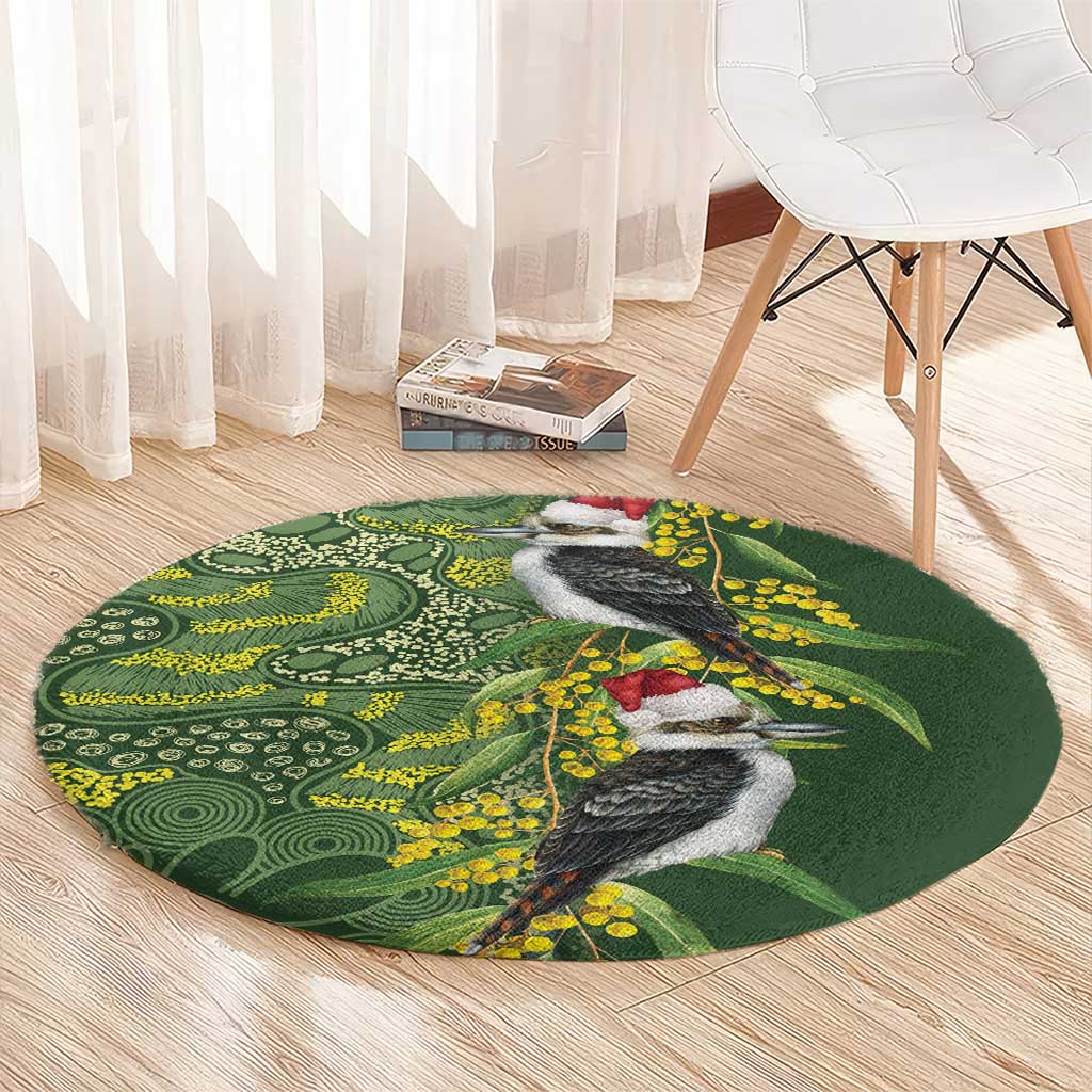 Aussie Kokaburra Golden Wattle Christmas Round Carpet Aboriginal Dots Painting Green Motif - Aussie Hoodie