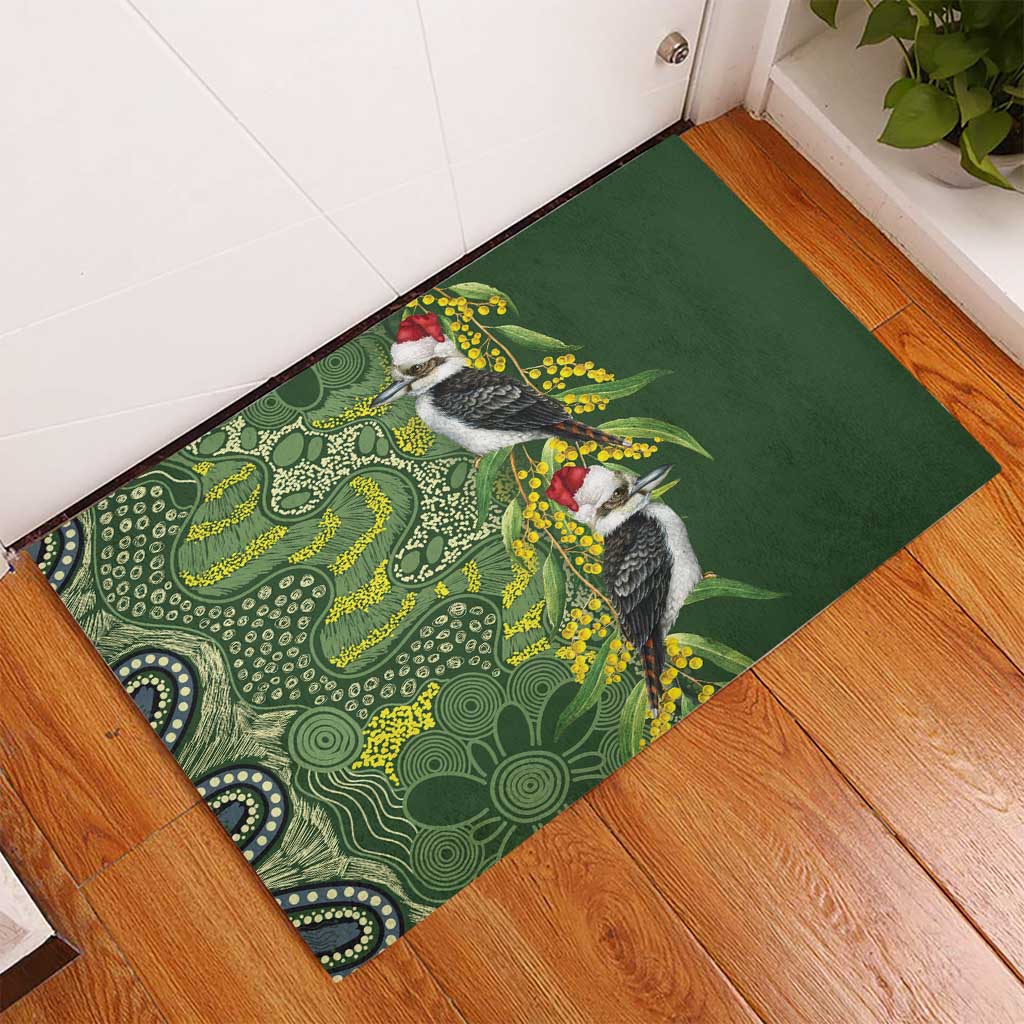 Aussie Kokaburra Golden Wattle Christmas Rubber Doormat Aboriginal Dots Painting Green Motif - Aussie Hoodie