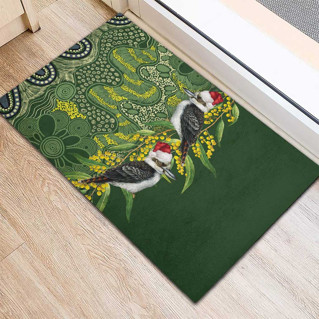 Aussie Kokaburra Golden Wattle Christmas Rubber Doormat Aboriginal Dots Painting Green Motif - Aussie Hoodie