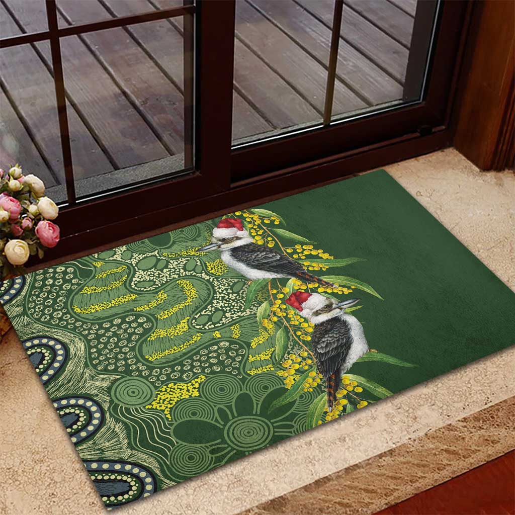 Aussie Kokaburra Golden Wattle Christmas Rubber Doormat Aboriginal Dots Painting Green Motif - Aussie Hoodie
