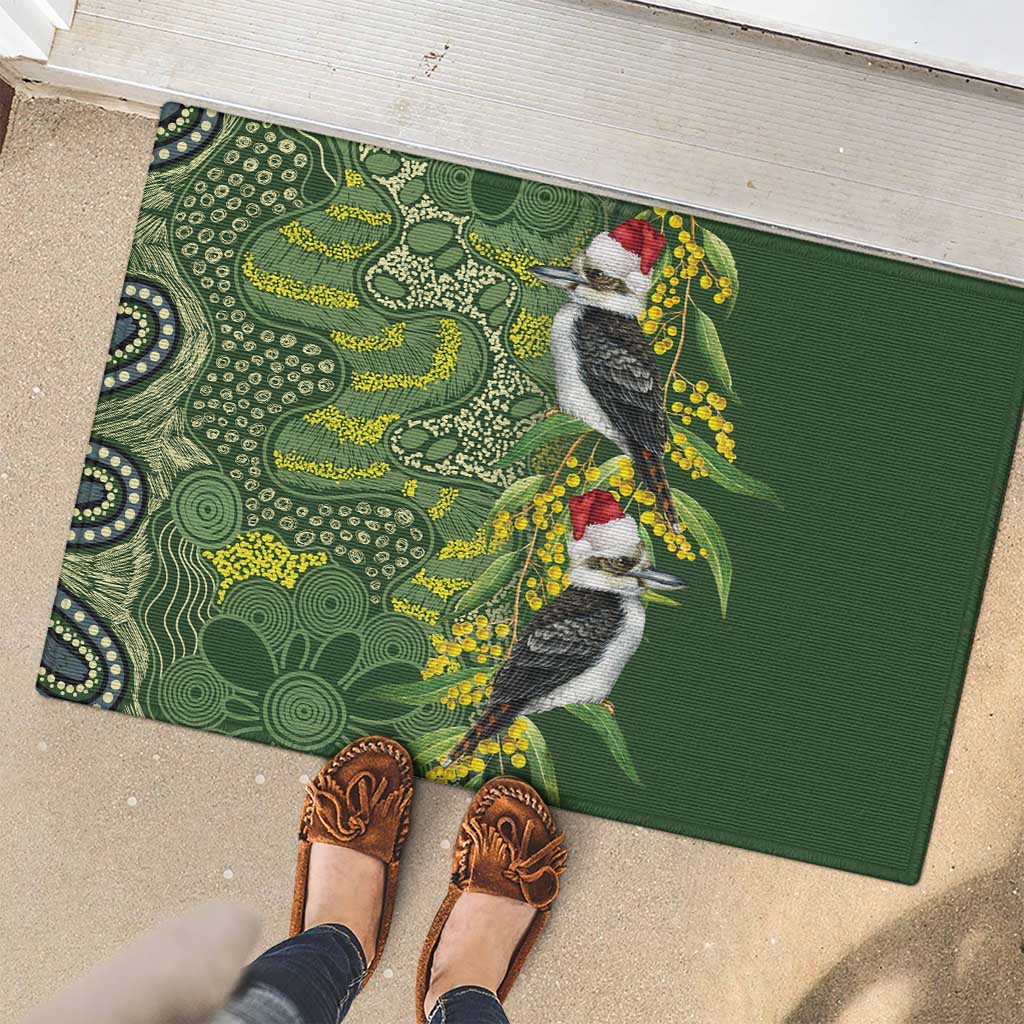 Aussie Kokaburra Golden Wattle Christmas Rubber Doormat Aboriginal Dots Painting Green Motif - Aussie Hoodie