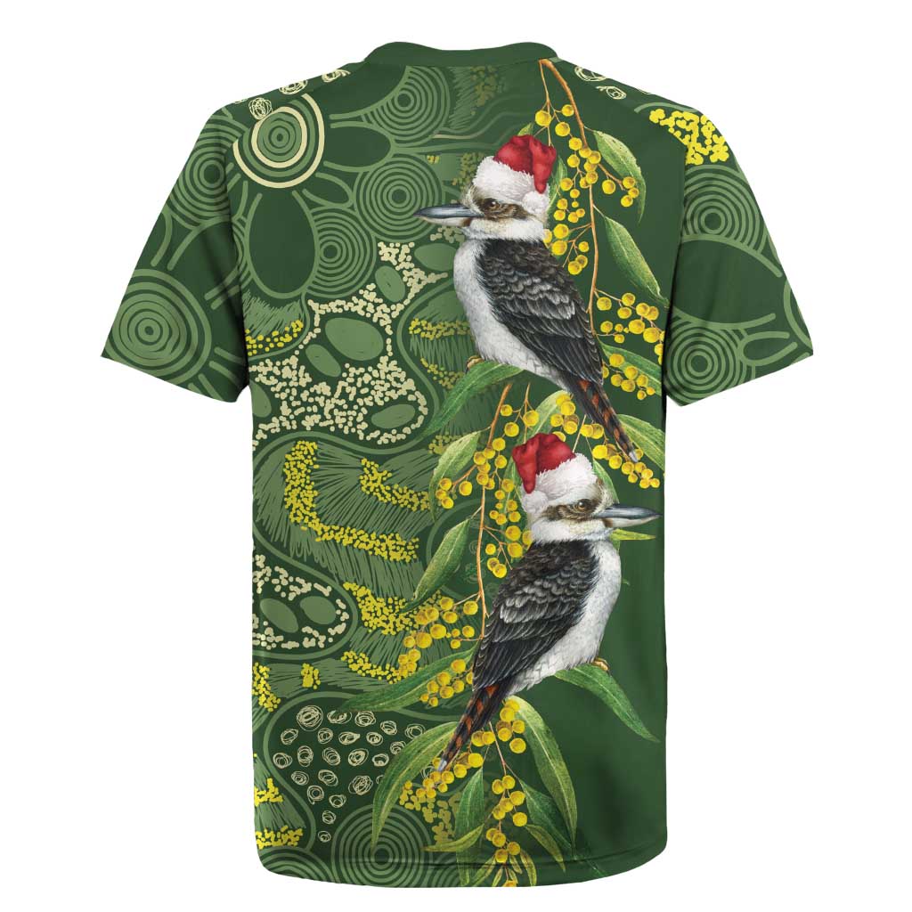 Aussie Kokaburra Golden Wattle Christmas Rugby Jersey Aboriginal Dots Painting Green Motif - Aussie Hoodie
