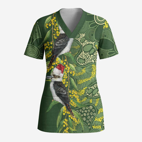 Aussie Kokaburra Golden Wattle Christmas Scrub Top Aboriginal Dots Painting Green Motif - Aussie Hoodie