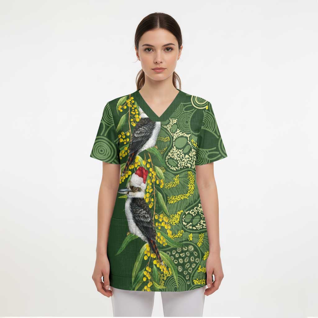 Aussie Kokaburra Golden Wattle Christmas Scrub Top Aboriginal Dots Painting Green Motif - Aussie Hoodie