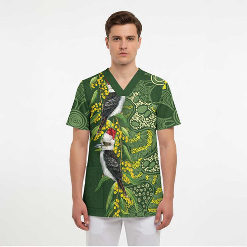 Aussie Kokaburra Golden Wattle Christmas Scrub Top Aboriginal Dots Painting Green Motif - Aussie Hoodie