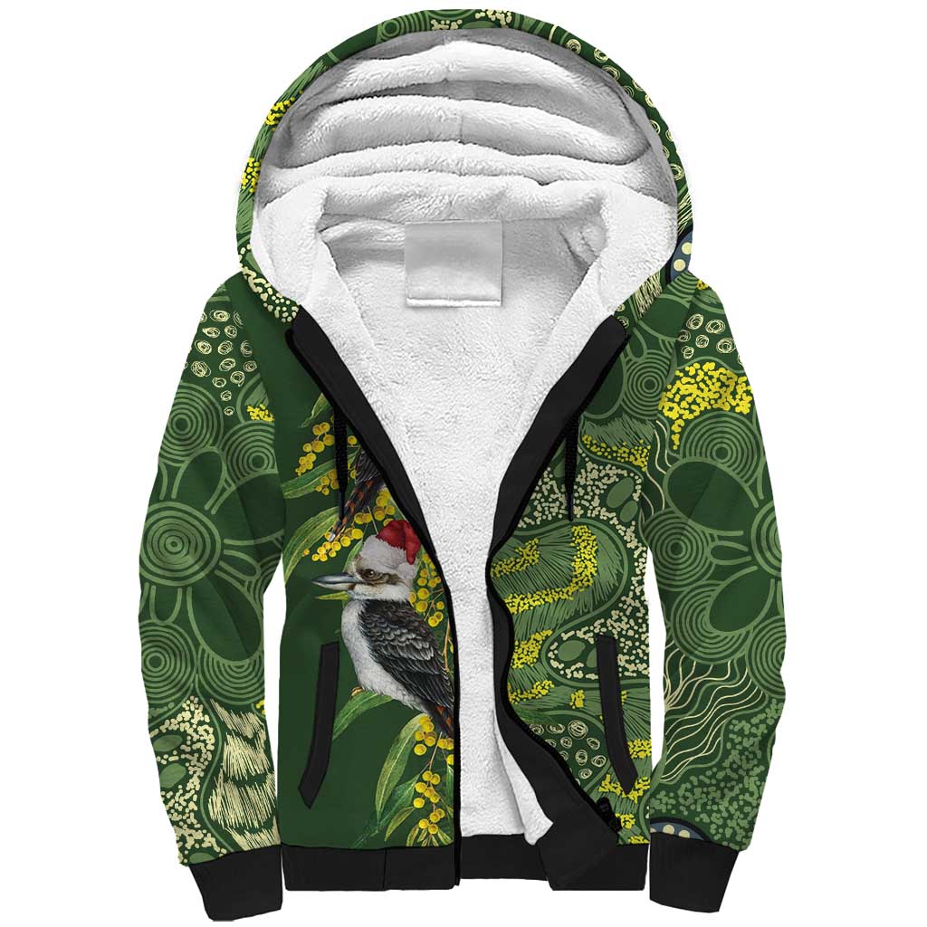 Aussie Kokaburra Golden Wattle Christmas Sherpa Hoodie Aboriginal Dots Painting Green Motif - Aussie Hoodie