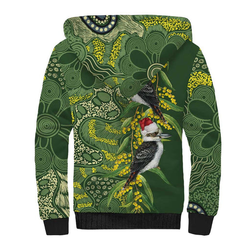 Aussie Kokaburra Golden Wattle Christmas Sherpa Hoodie Aboriginal Dots Painting Green Motif - Aussie Hoodie
