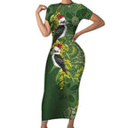 Aussie Kokaburra Golden Wattle Christmas Short Sleeve Bodycon Dress Aboriginal Dots Painting Green Motif - Aussie Hoodie