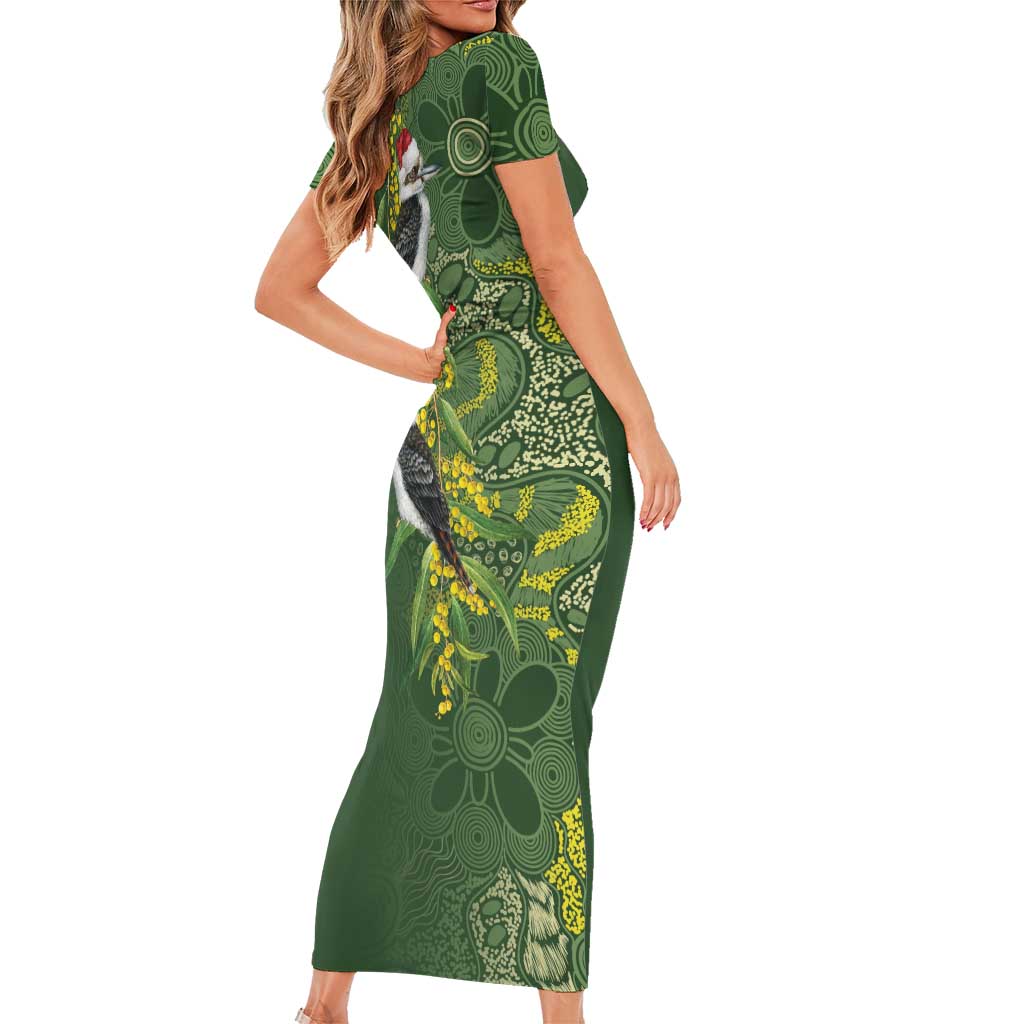 Aussie Kokaburra Golden Wattle Christmas Short Sleeve Bodycon Dress Aboriginal Dots Painting Green Motif - Aussie Hoodie