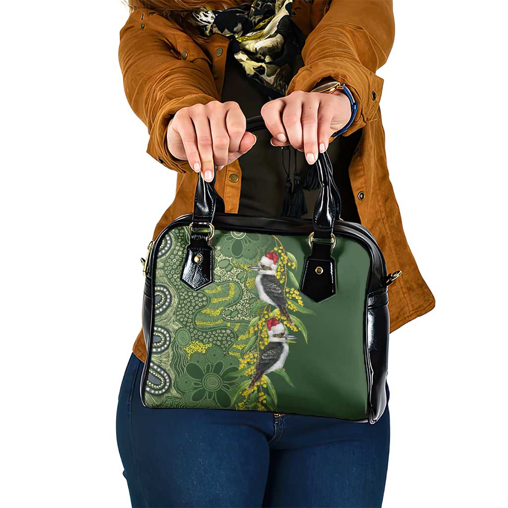 Aussie Kokaburra Golden Wattle Christmas Shoulder Handbag Aboriginal Dots Painting Green Motif - Aussie Hoodie