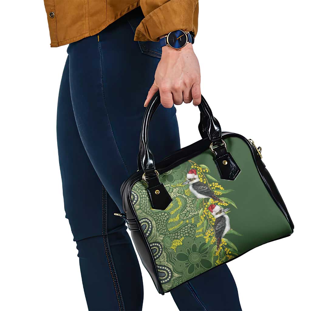 Aussie Kokaburra Golden Wattle Christmas Shoulder Handbag Aboriginal Dots Painting Green Motif - Aussie Hoodie