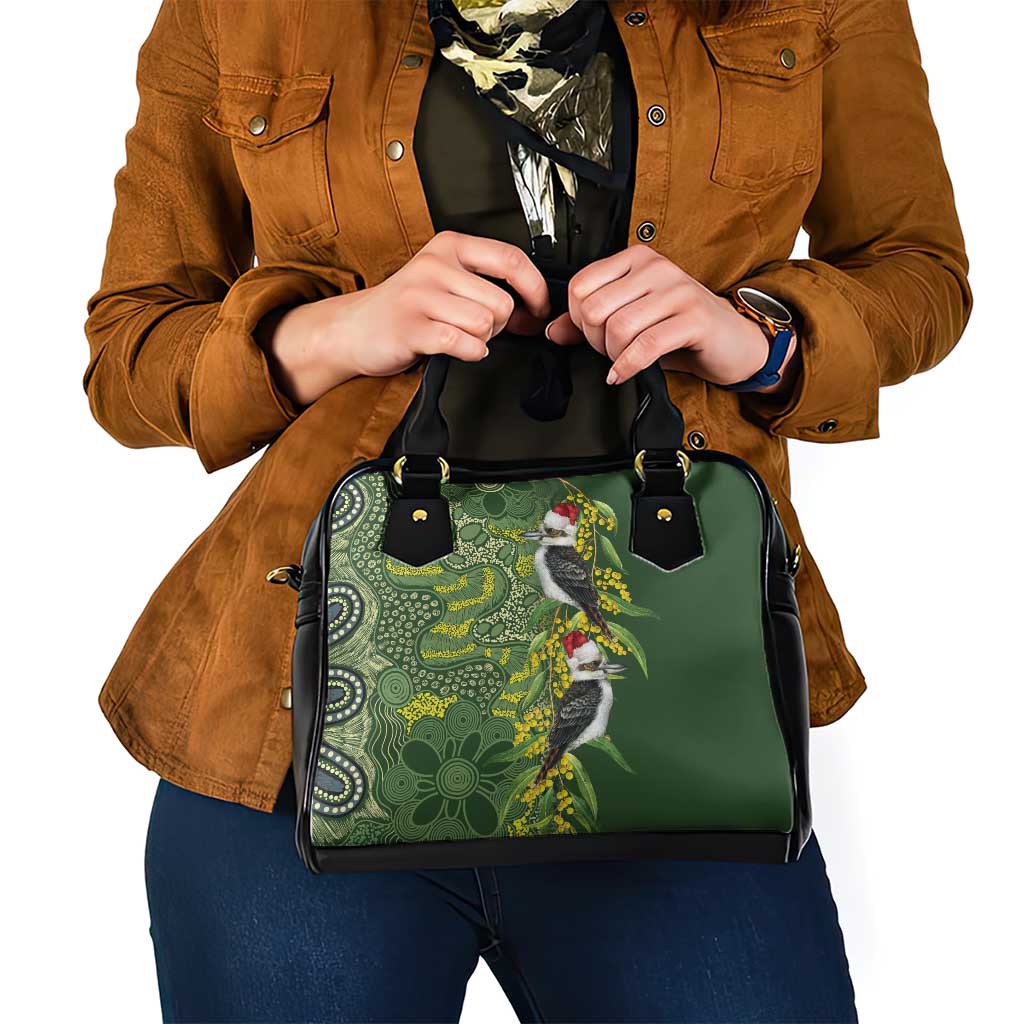 Aussie Kokaburra Golden Wattle Christmas Shoulder Handbag Aboriginal Dots Painting Green Motif - Aussie Hoodie