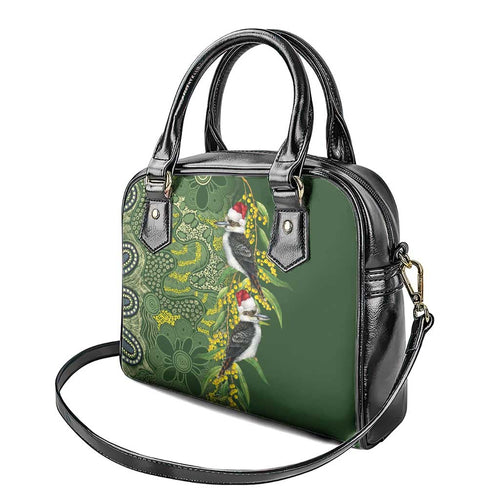 Aussie Kokaburra Golden Wattle Christmas Shoulder Handbag Aboriginal Dots Painting Green Motif - Aussie Hoodie