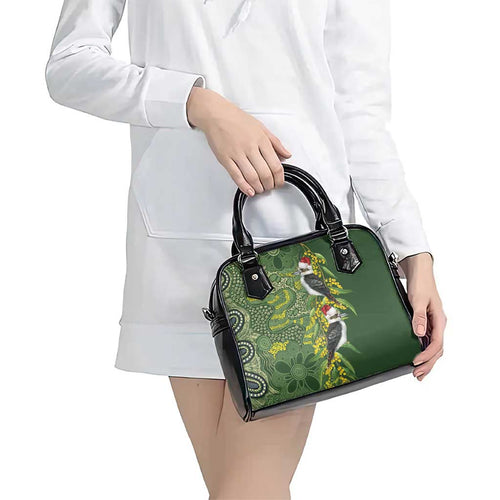 Aussie Kokaburra Golden Wattle Christmas Shoulder Handbag Aboriginal Dots Painting Green Motif - Aussie Hoodie