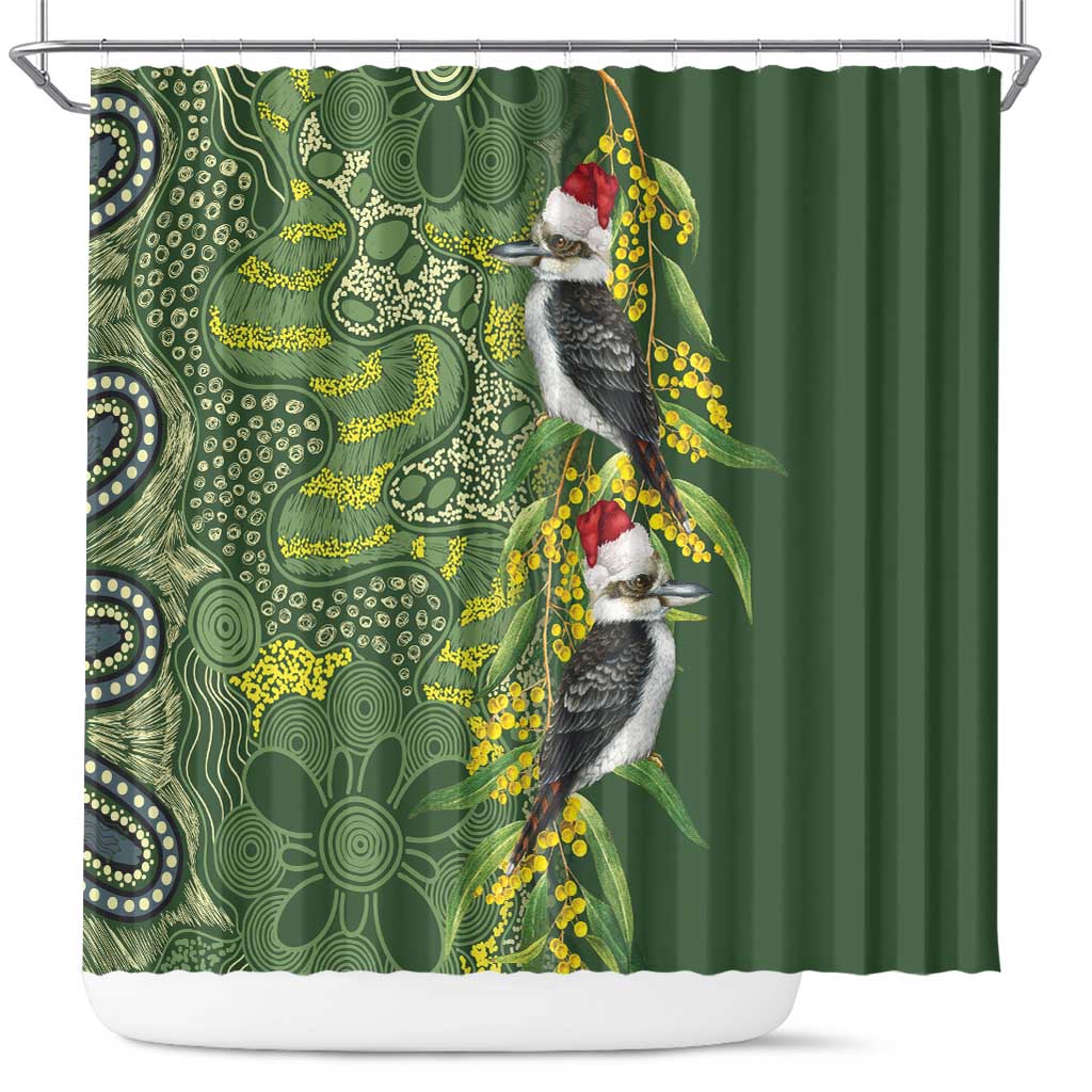 Aussie Kokaburra Golden Wattle Christmas Shower Curtain Aboriginal Dots Painting Green Motif - Aussie Hoodie