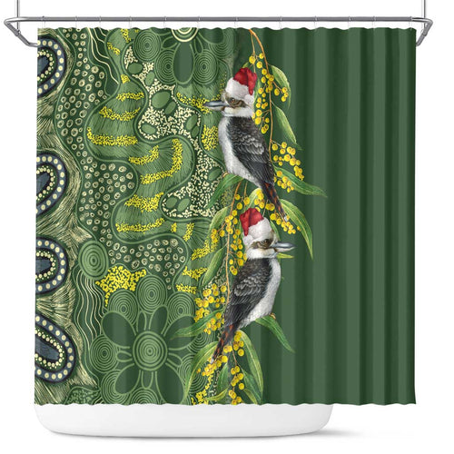 Aussie Kokaburra Golden Wattle Christmas Shower Curtain Aboriginal Dots Painting Green Motif - Aussie Hoodie