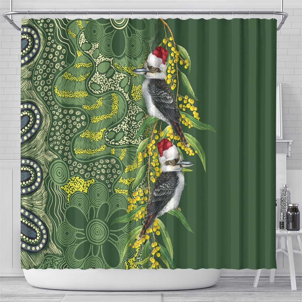 Aussie Kokaburra Golden Wattle Christmas Shower Curtain Aboriginal Dots Painting Green Motif - Aussie Hoodie