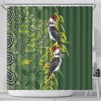 Aussie Kokaburra Golden Wattle Christmas Shower Curtain Aboriginal Dots Painting Green Motif - Aussie Hoodie