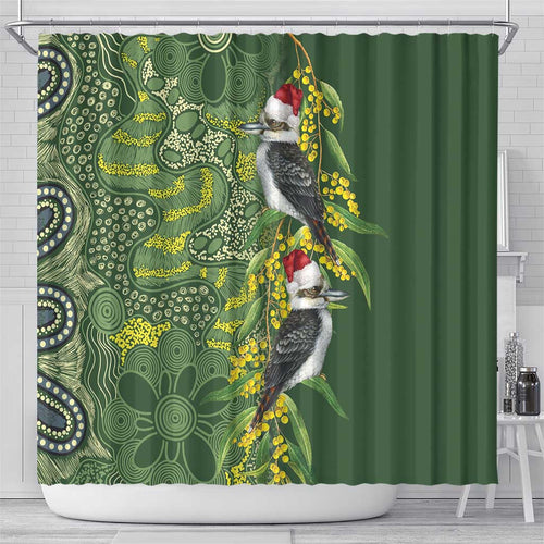 Aussie Kokaburra Golden Wattle Christmas Shower Curtain Aboriginal Dots Painting Green Motif - Aussie Hoodie
