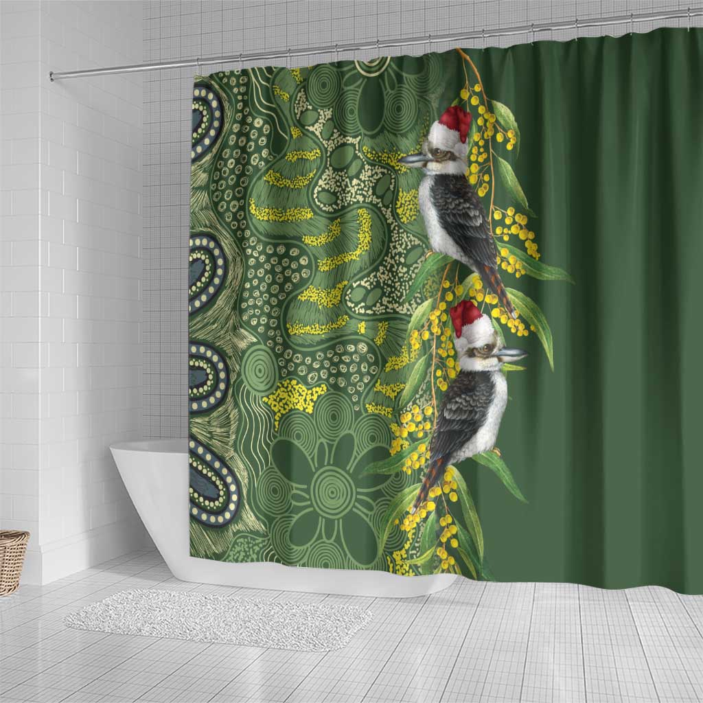 Aussie Kokaburra Golden Wattle Christmas Shower Curtain Aboriginal Dots Painting Green Motif - Aussie Hoodie