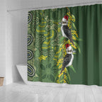 Aussie Kokaburra Golden Wattle Christmas Shower Curtain Aboriginal Dots Painting Green Motif - Aussie Hoodie