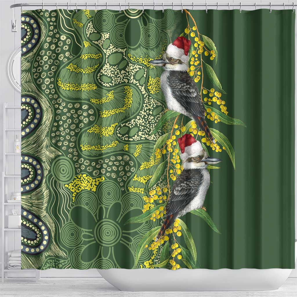 Aussie Kokaburra Golden Wattle Christmas Shower Curtain Aboriginal Dots Painting Green Motif - Aussie Hoodie