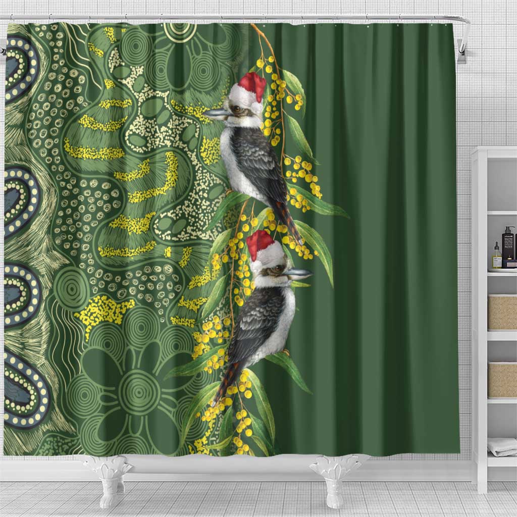 Aussie Kokaburra Golden Wattle Christmas Shower Curtain Aboriginal Dots Painting Green Motif - Aussie Hoodie