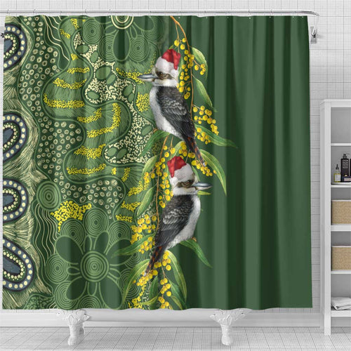 Aussie Kokaburra Golden Wattle Christmas Shower Curtain Aboriginal Dots Painting Green Motif - Aussie Hoodie