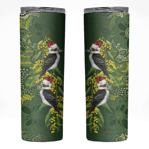 Aussie Kokaburra Golden Wattle Christmas Skinny Tumbler Aboriginal Dots Painting Green Motif - Aussie Hoodie