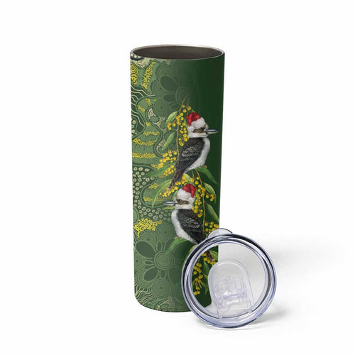 Aussie Kokaburra Golden Wattle Christmas Skinny Tumbler Aboriginal Dots Painting Green Motif - Aussie Hoodie